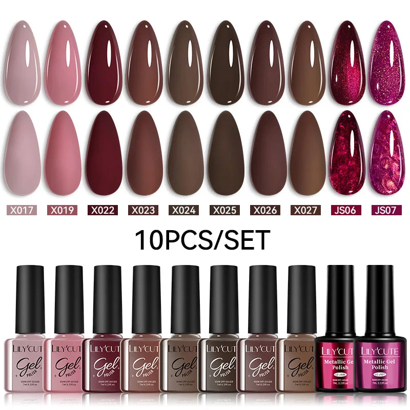 LILYCUTE 10PCS Gel Nail Polish Set, Brown Earth & Coffee Color Series, Semi-Permanent UV LED Soak Off Nail Gel
