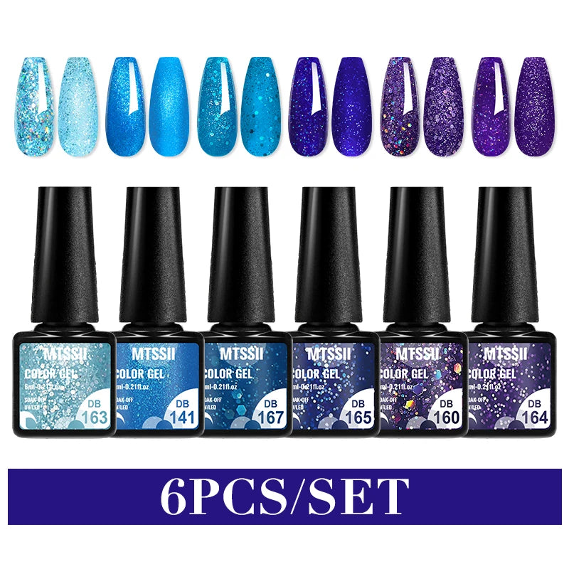6Pcs Gray Gel Nail Polish Set - Moonlight Colors with Glitter, Semi-Permanent Varnish, Soak-Off UV Gel Manicure Base & Top Coat