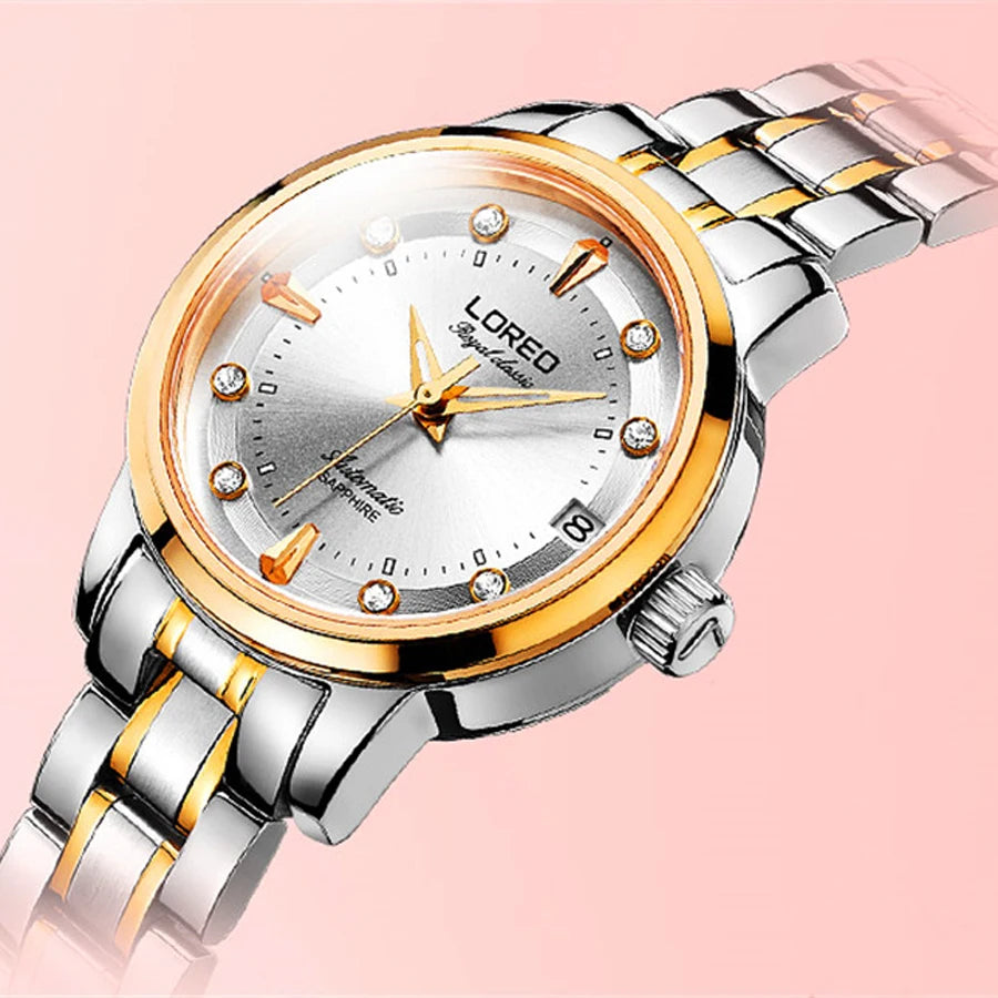 LOREO Sapphire Women's Fashion Automatic Mechanical Watch - Leather Band, Casual, Waterproof Wristwatch Gift
