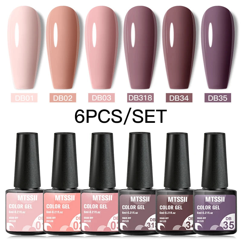 6Pcs Gray Gel Nail Polish Set - Moonlight Colors with Glitter, Semi-Permanent Varnish, Soak-Off UV Gel Manicure Base & Top Coat