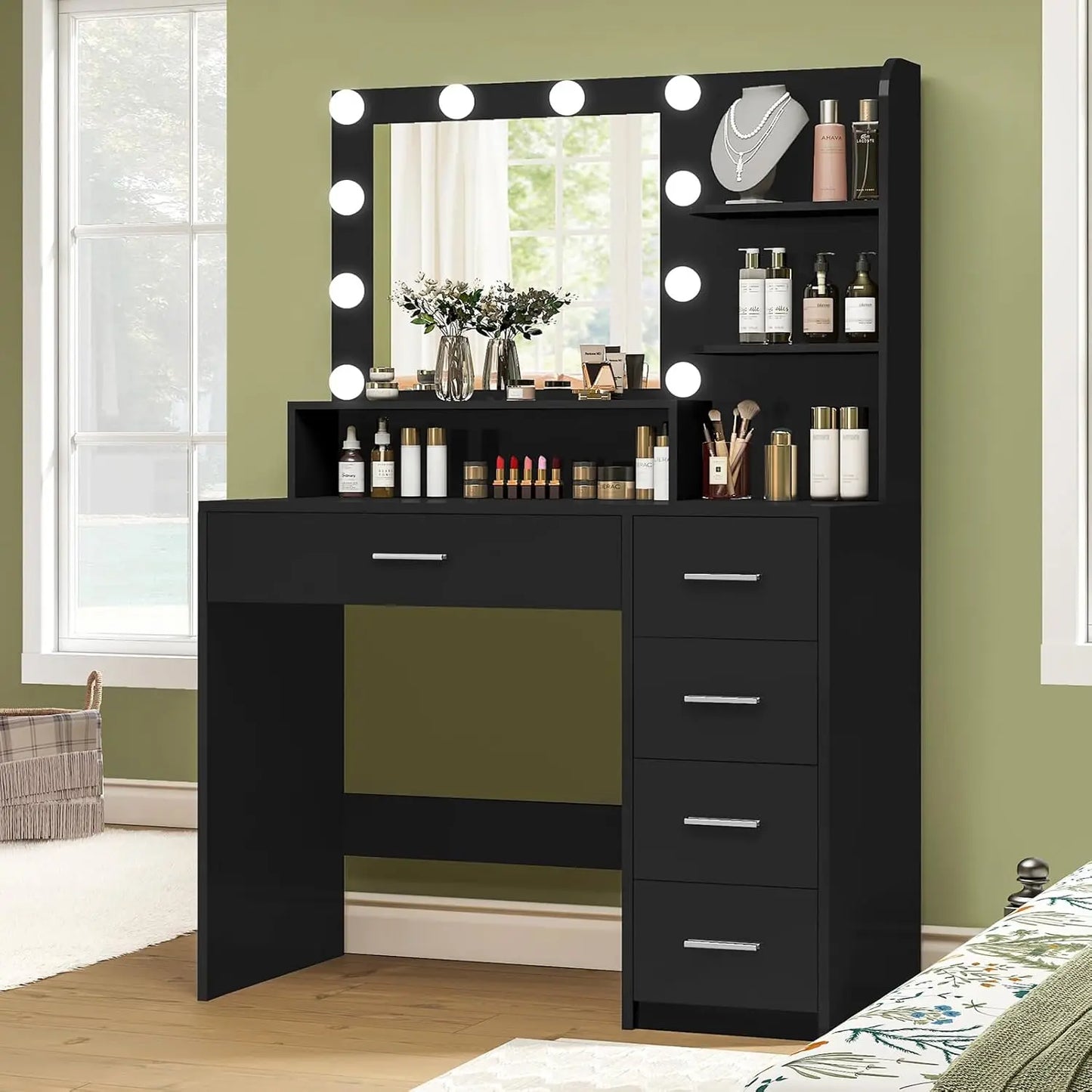 Vanity Desk with Mirror with 5 Drawers & Storage Shelves