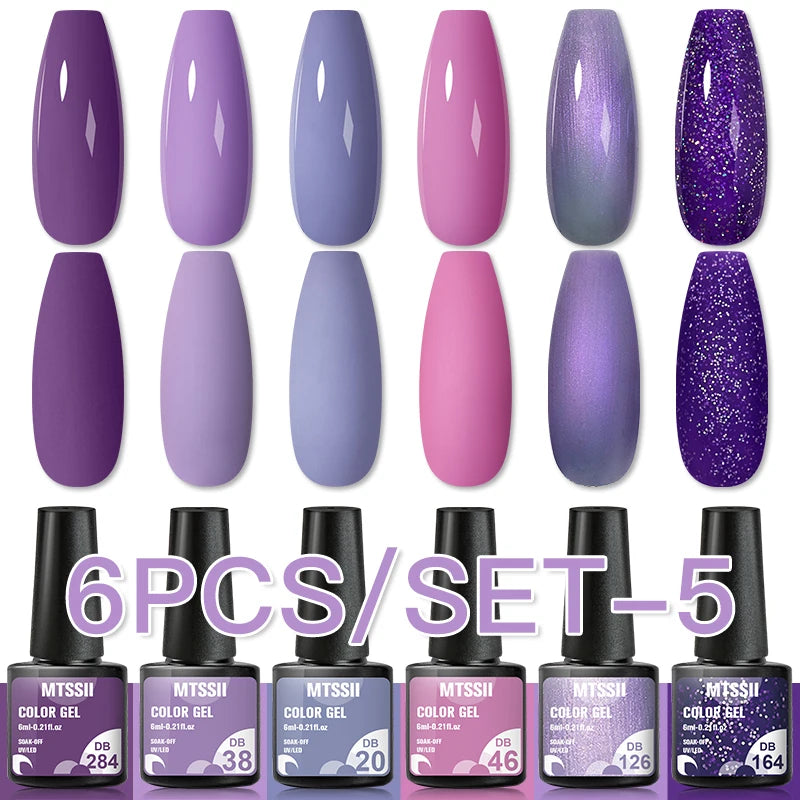 6Pcs Gray Gel Nail Polish Set - Moonlight Colors with Glitter, Semi-Permanent Varnish, Soak-Off UV Gel Manicure Base & Top Coat