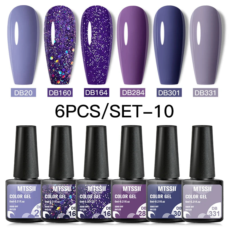 6Pcs Gray Gel Nail Polish Set - Moonlight Colors with Glitter, Semi-Permanent Varnish, Soak-Off UV Gel Manicure Base & Top Coat