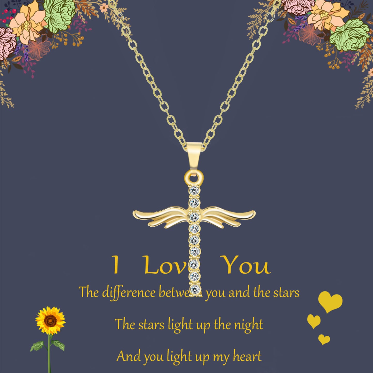 Angel Wings Cross Pendant Necklace with Stainless Steel Chain