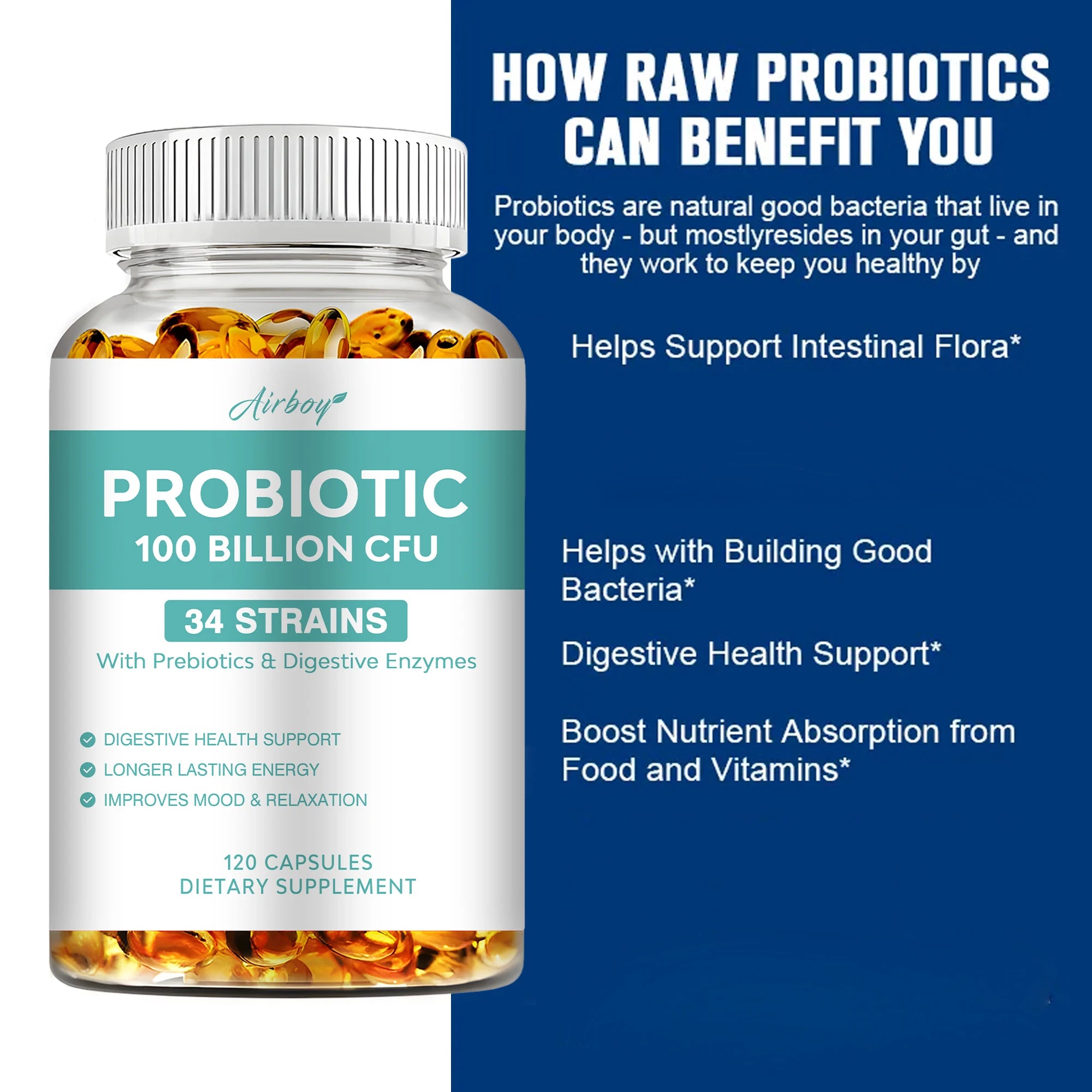 Probiotics 100 Billion CFU - Digestive and Intestinal Health, Relieve Bloating and Constipation, Enhance Immunity - 120 Capsules