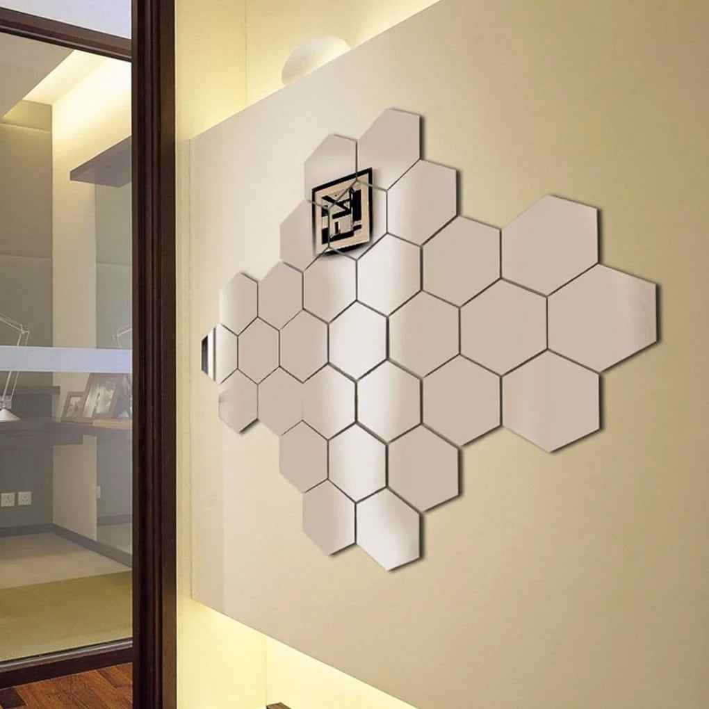 12pcs 3D Hexagon Acrylic Mirror Wall Stickers – DIY Home Décor