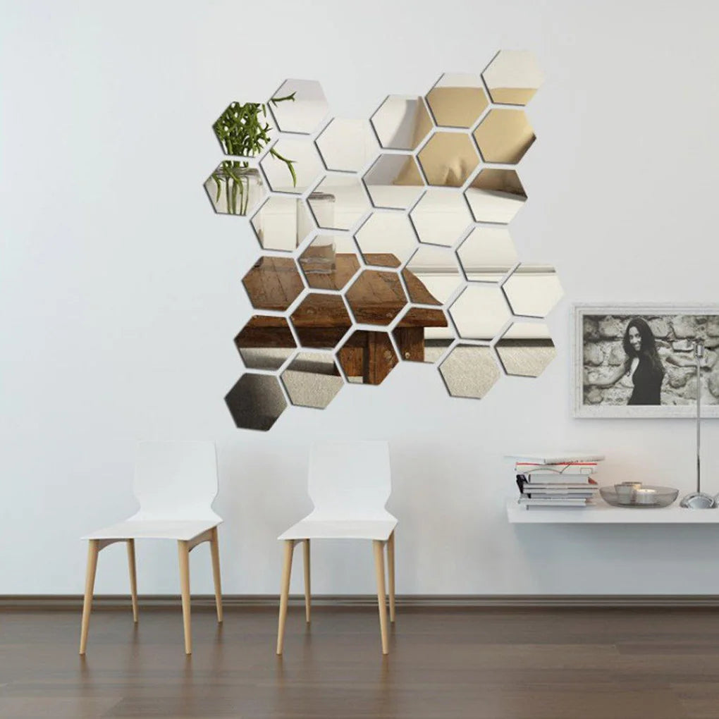 12pcs 3D Hexagon Acrylic Mirror Wall Stickers – DIY Home Décor