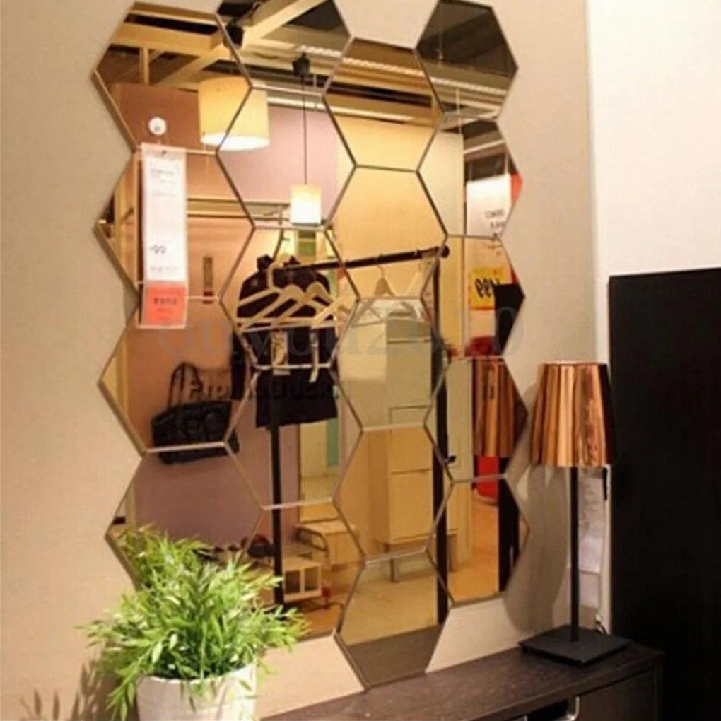 12pcs 3D Hexagon Acrylic Mirror Wall Stickers – DIY Home Décor