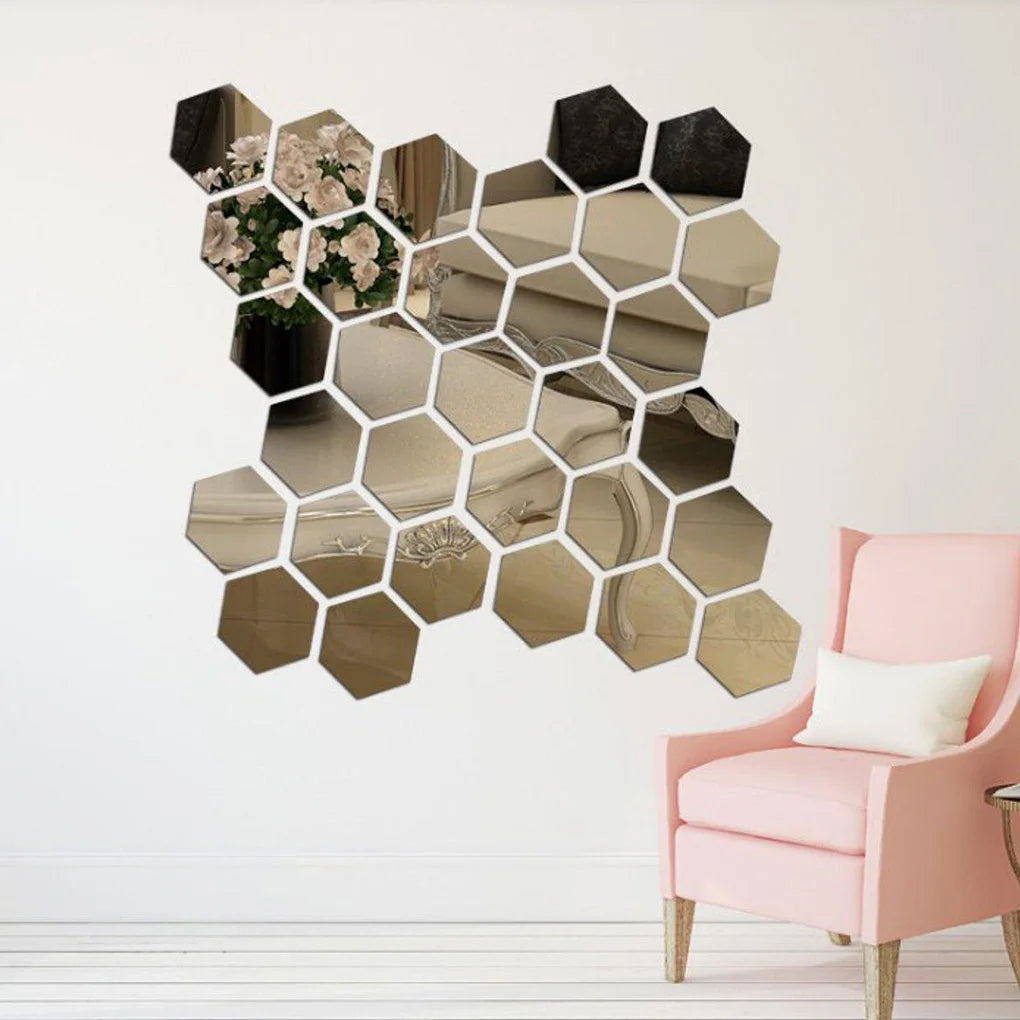 12pcs 3D Hexagon Acrylic Mirror Wall Stickers – DIY Home Décor