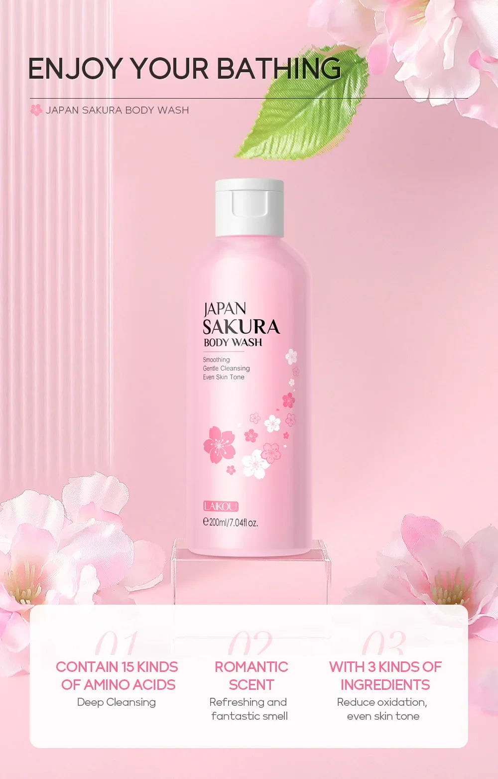 LAIKOU Sakura Shower Gel – Long-Lasting Moisturizing, Smooth Foam, & Gentle Fragrance for Body Cleansing (200ml)