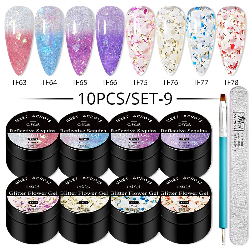 10Pcs Glitter Dried Flower Gel Nail Polish Set – UV LED Nail Art Gel, Base & Top Coat, Semi-Permanent Manicure Kit