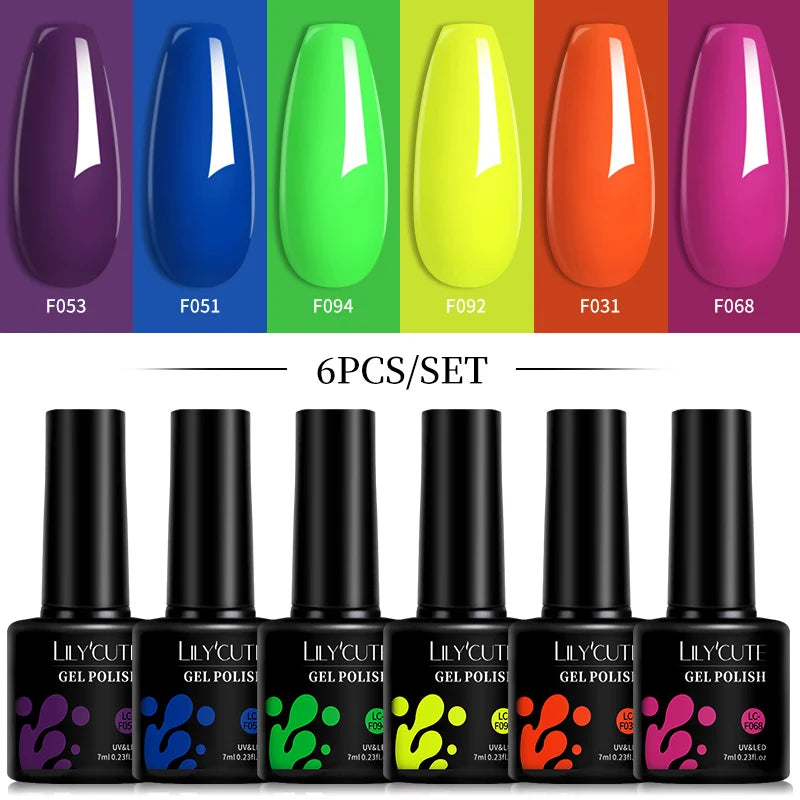 LILYCUTE 6Pcs 7ML Gel Nail Polish Set - Bright Pink UV LED Soak Off Varnish