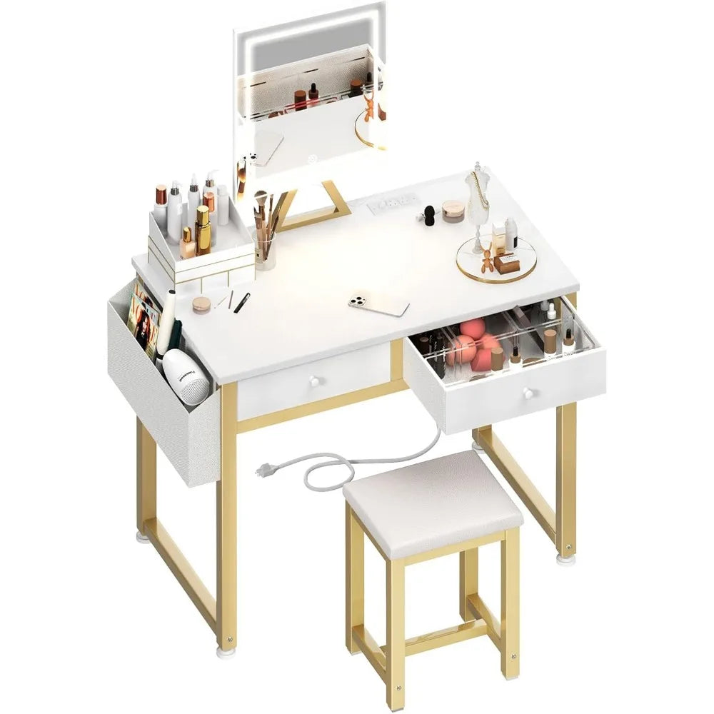 32-Inch White Makeup Vanity Desk with Mirror & Lights – Compact Dressing Table with Fabric Drawers & Chair