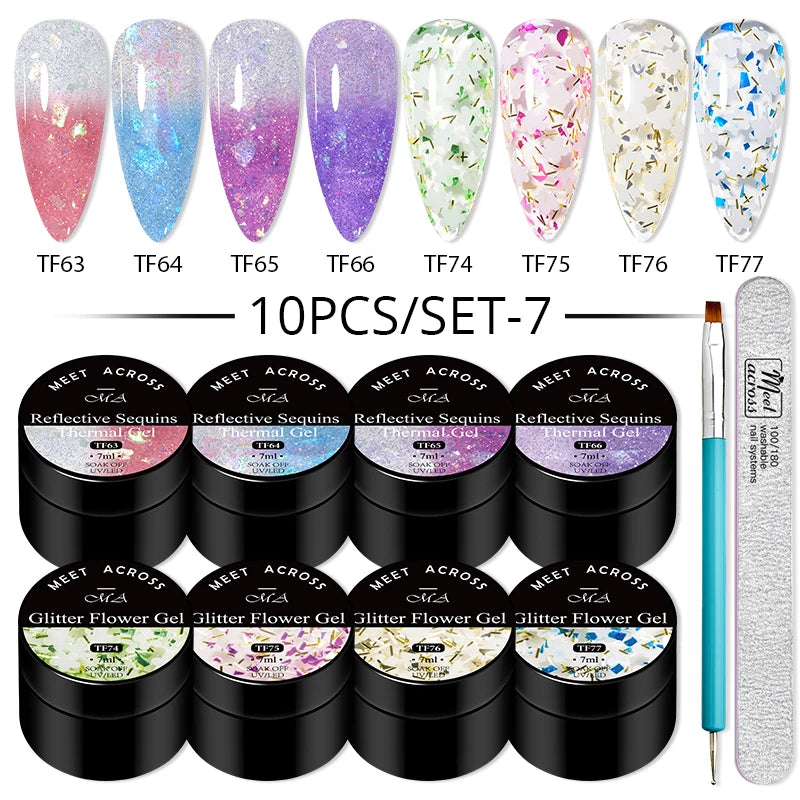 10Pcs Glitter Dried Flower Gel Nail Polish Set – UV LED Nail Art Gel, Base & Top Coat, Semi-Permanent Manicure Kit