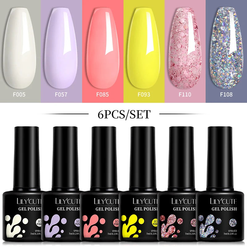 LILYCUTE 6Pcs 7ML Gel Nail Polish Set - Bright Pink UV LED Soak Off Varnish