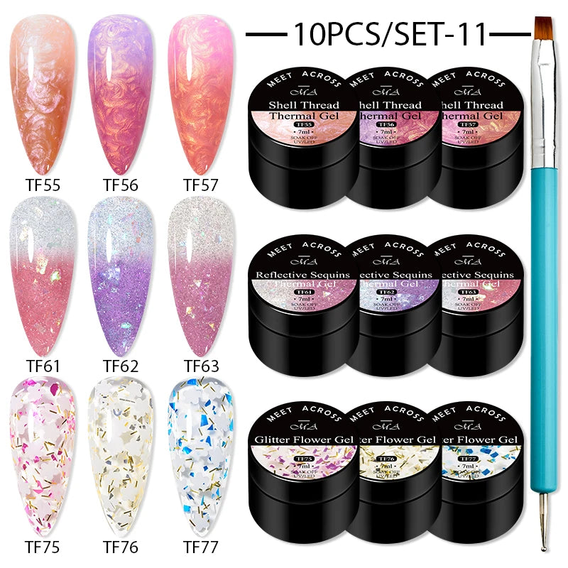 10Pcs Glitter Dried Flower Gel Nail Polish Set – UV LED Nail Art Gel, Base & Top Coat, Semi-Permanent Manicure Kit