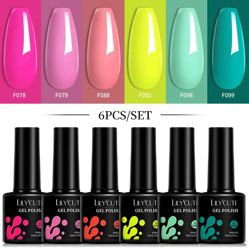 LILYCUTE 6Pcs 7ML Gel Nail Polish Set - Bright Pink UV LED Soak Off Varnish