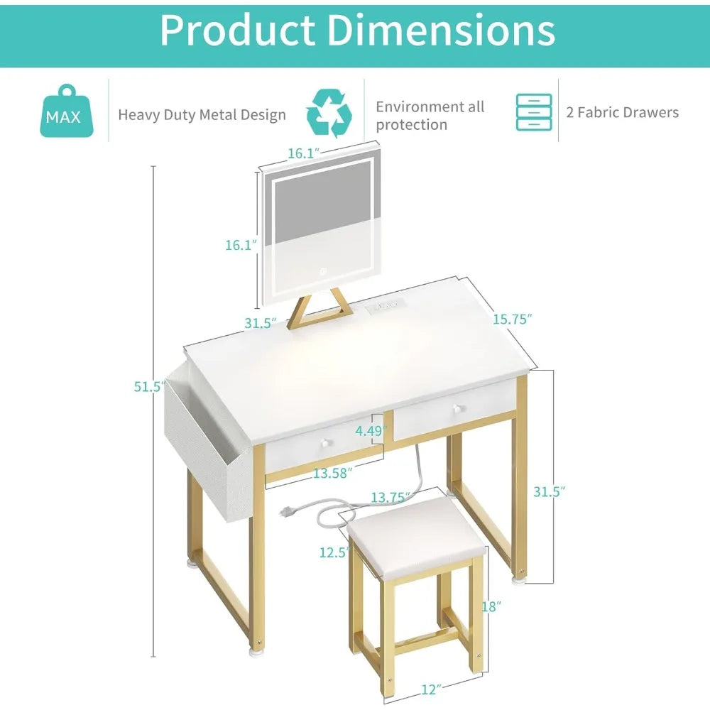 32-Inch White Makeup Vanity Desk with Mirror & Lights – Compact Dressing Table with Fabric Drawers & Chair