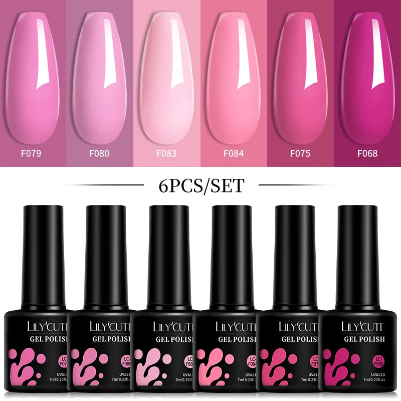 LILYCUTE 6Pcs 7ML Gel Nail Polish Set - Bright Pink UV LED Soak Off Varnish