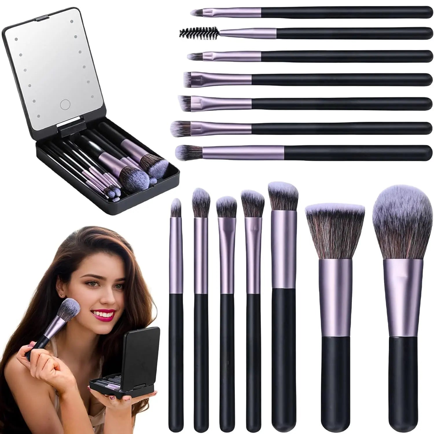 LED Makeup Mirror & 14-Piece Travel Brush Set