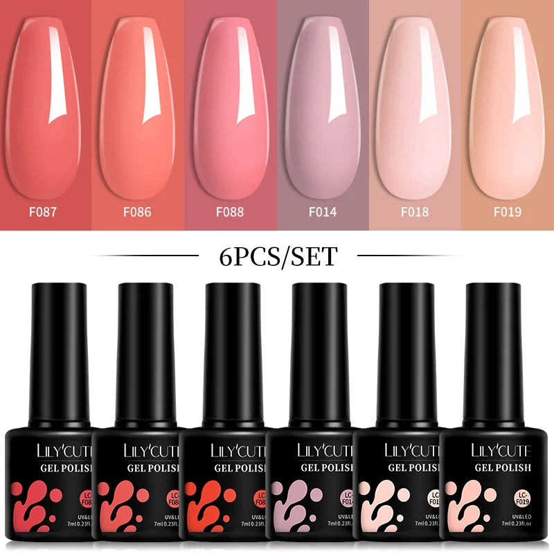 LILYCUTE 6Pcs 7ML Gel Nail Polish Set - Bright Pink UV LED Soak Off Varnish