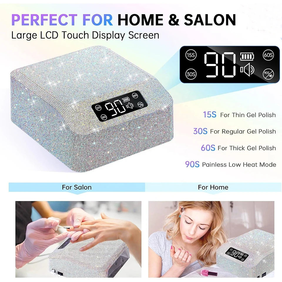 Pro 96W UV LED Nail Lamp Rechargeable with Display & Rhinestone Gel Polish Quick Drying Curing Light