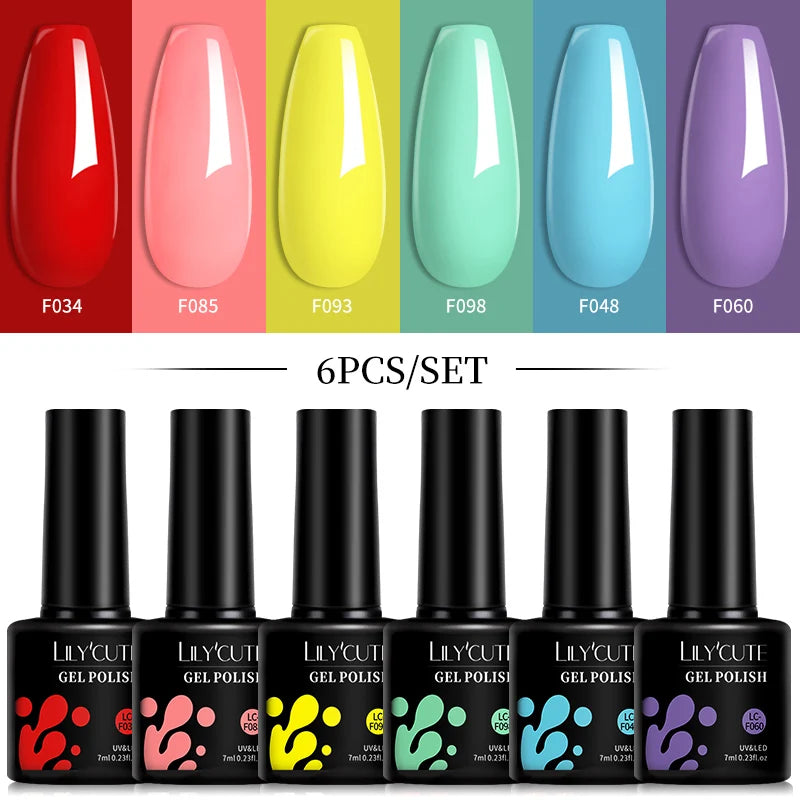 LILYCUTE 6Pcs 7ML Gel Nail Polish Set - Bright Pink UV LED Soak Off Varnish