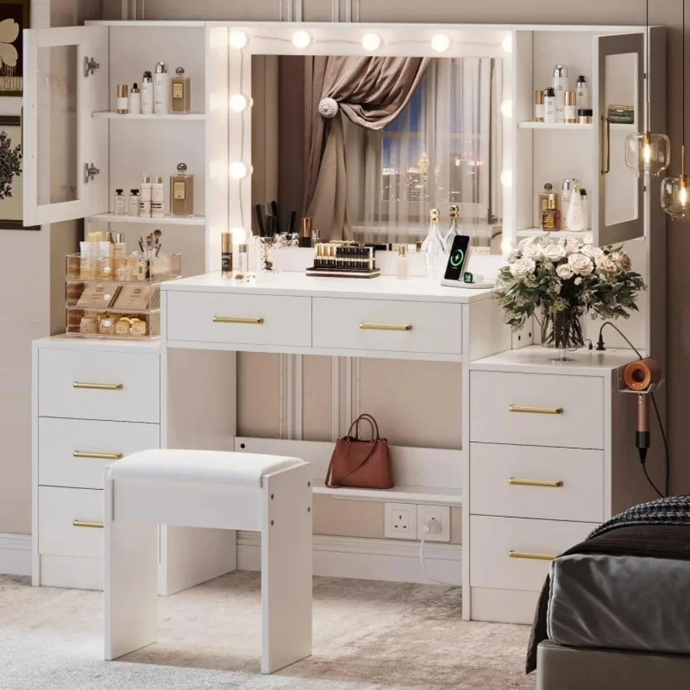 58.3" Makeup Vanity Desk with Lighted Mirror – 10 LED Lights, 8 Sliding Metal Drawers & 2 Cabinets, White Vanity Set