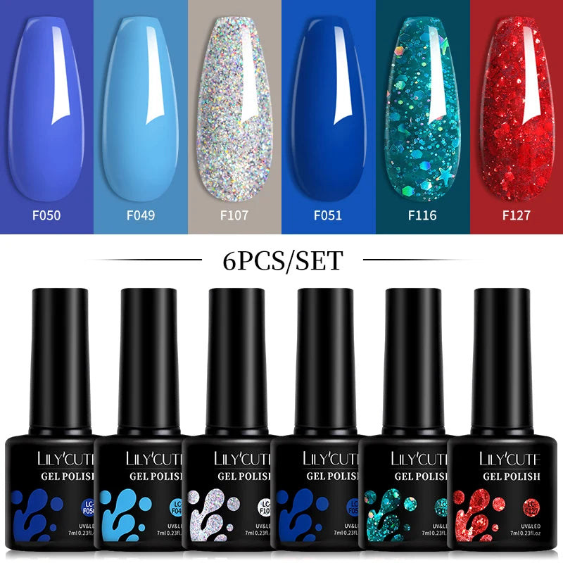 LILYCUTE 6Pcs 7ML Gel Nail Polish Set - Bright Pink UV LED Soak Off Varnish