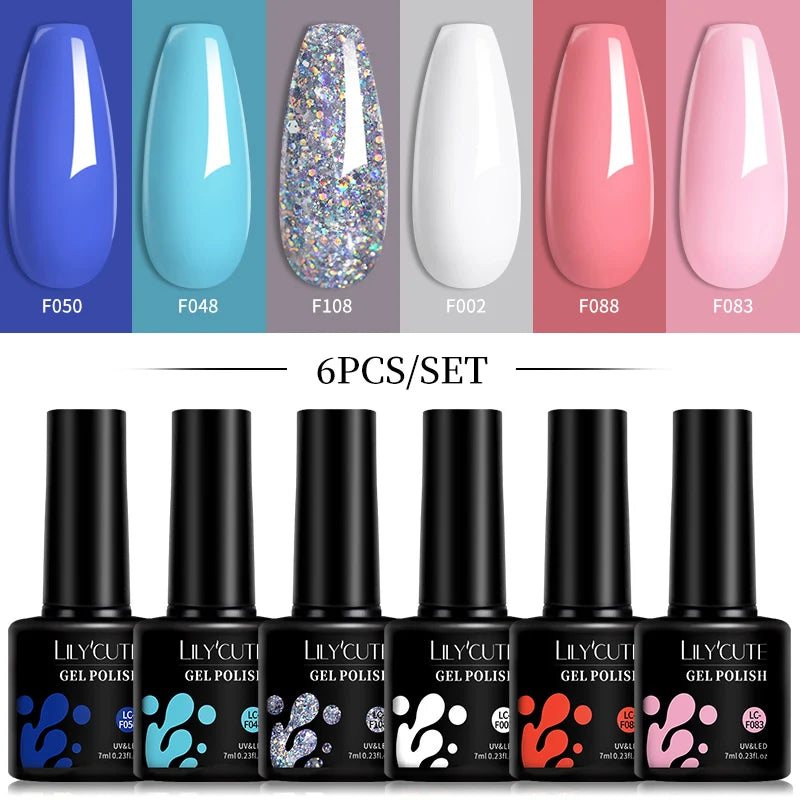 LILYCUTE 6Pcs 7ML Gel Nail Polish Set - Bright Pink UV LED Soak Off Varnish