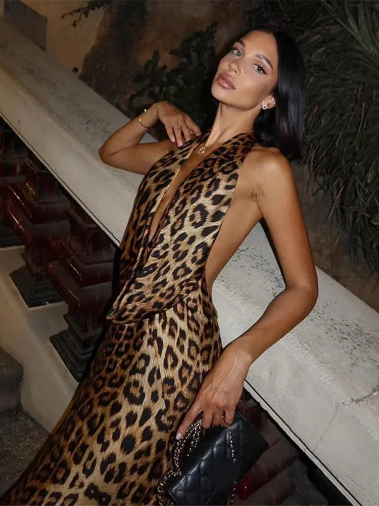 Women Elegant Leopard Print Lace-up Halter Dress