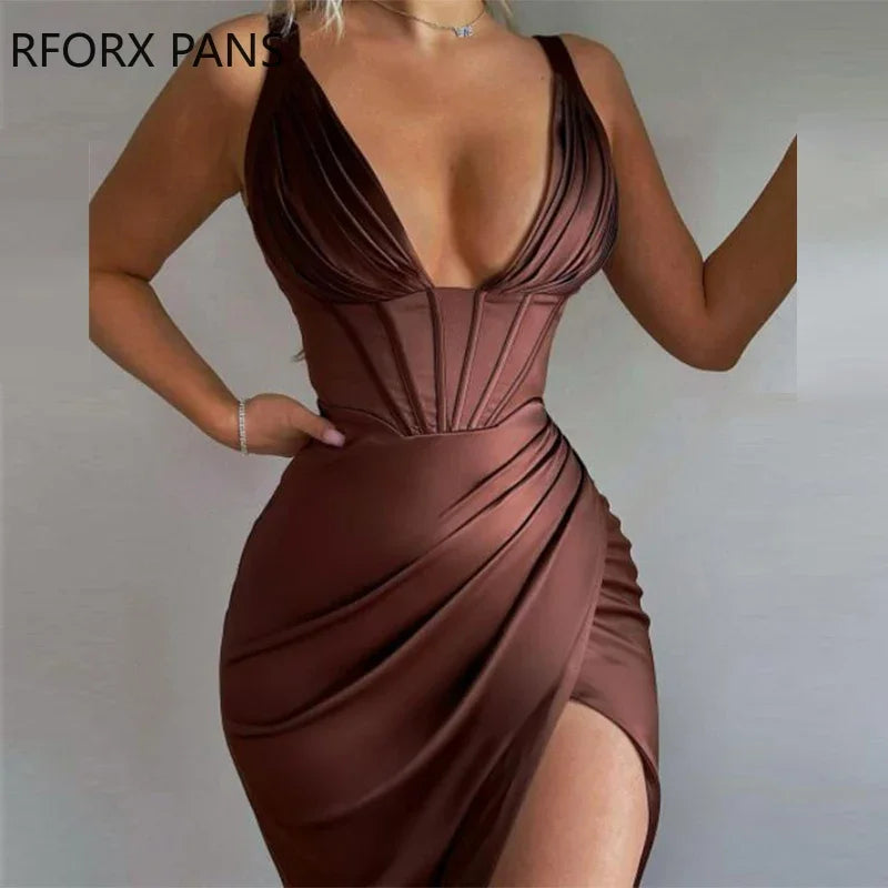 Chic Satin Ruched Corset Dress with High Slit – Perfect for Parties!