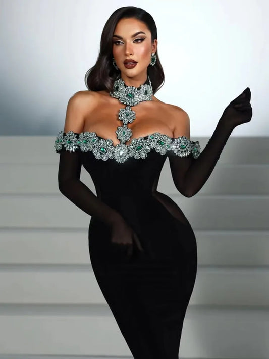 Summer Glam Bandage Dress – Sexy Crystal-Embellished Black Maxi for Celebrities & Night Out!