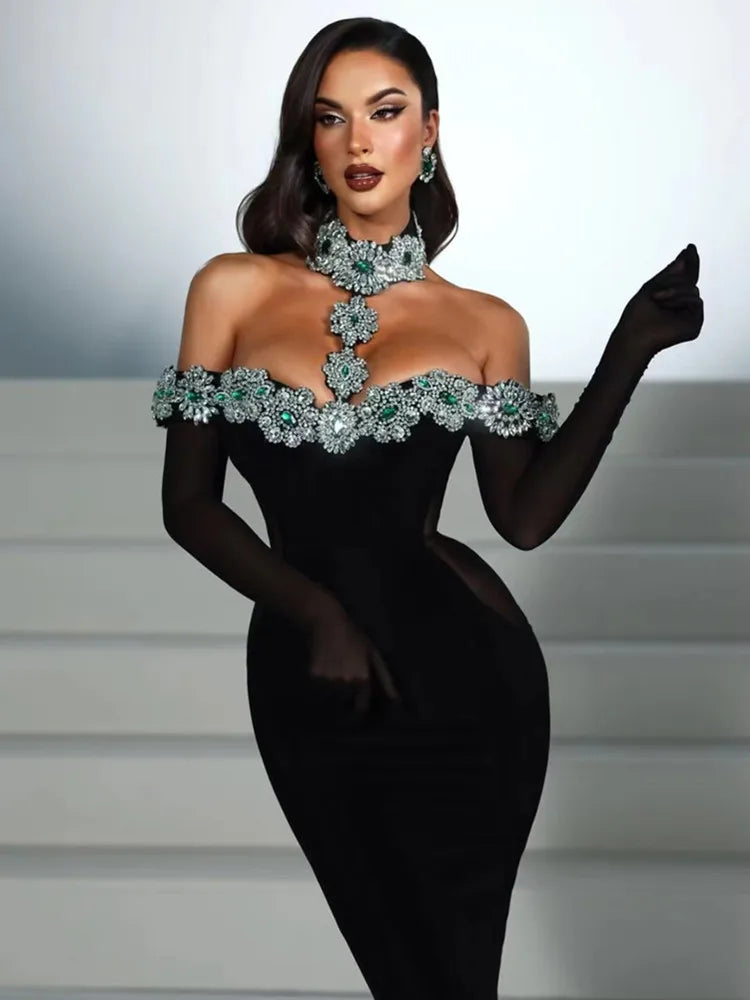 Summer Glam Bandage Dress – Sexy Crystal-Embellished Black Maxi for Celebrities & Night Out!