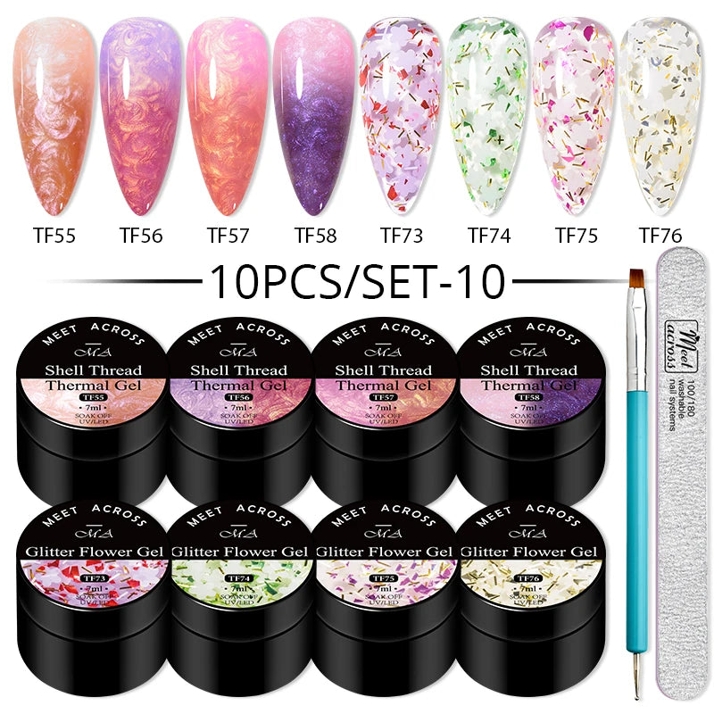 10Pcs Glitter Dried Flower Gel Nail Polish Set – UV LED Nail Art Gel, Base & Top Coat, Semi-Permanent Manicure Kit