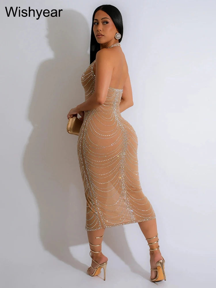 New Sexy Diamonds Halter Black Party Bodycon Midi Dress