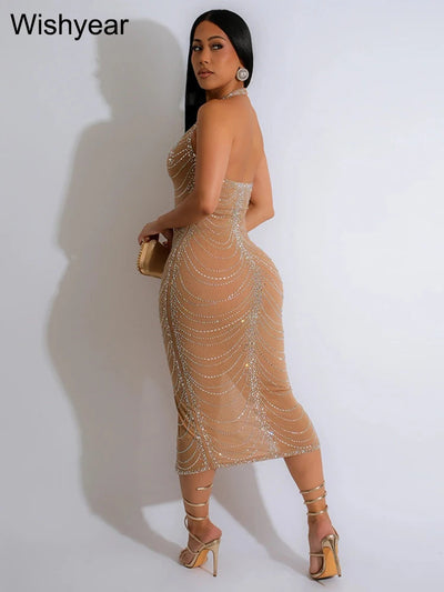 New Sexy Diamonds Halter Black Party Bodycon Midi Dress