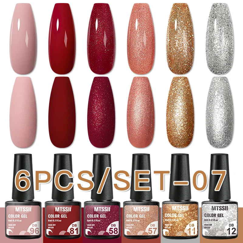 6Pcs Gray Gel Nail Polish Set - Moonlight Colors with Glitter, Semi-Permanent Varnish, Soak-Off UV Gel Manicure Base & Top Coat