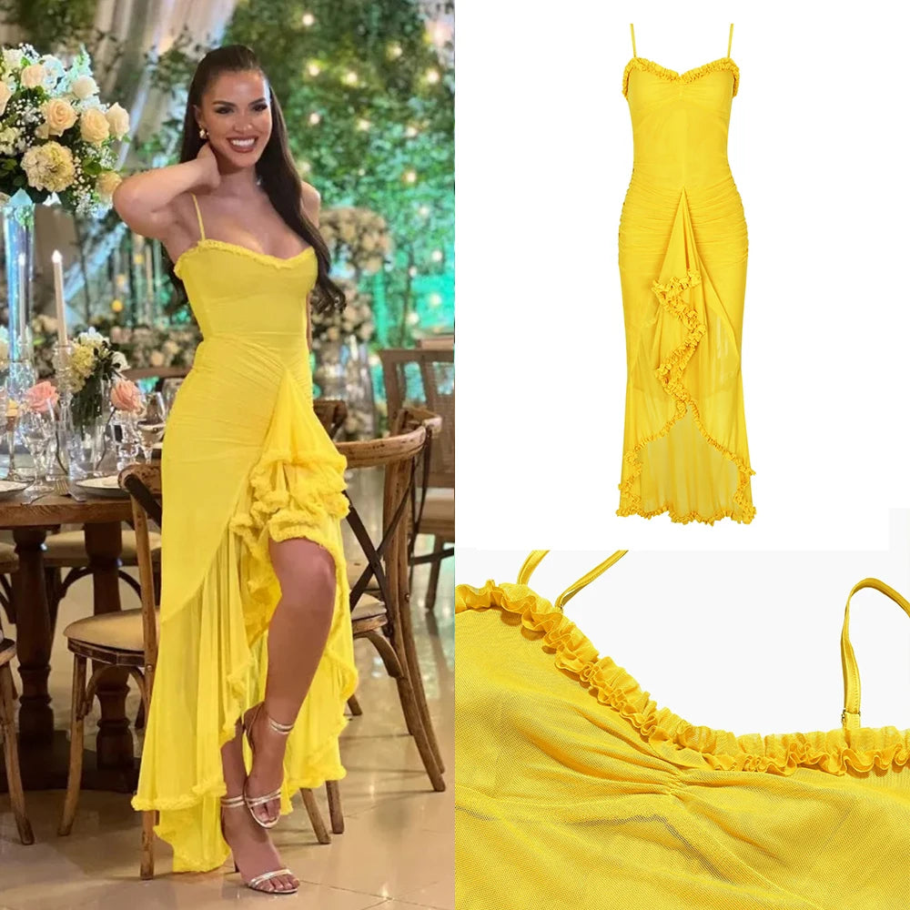 Irregular Mesh Spaghetti Strap Bodycon Ruched Long Party Dress for Womena