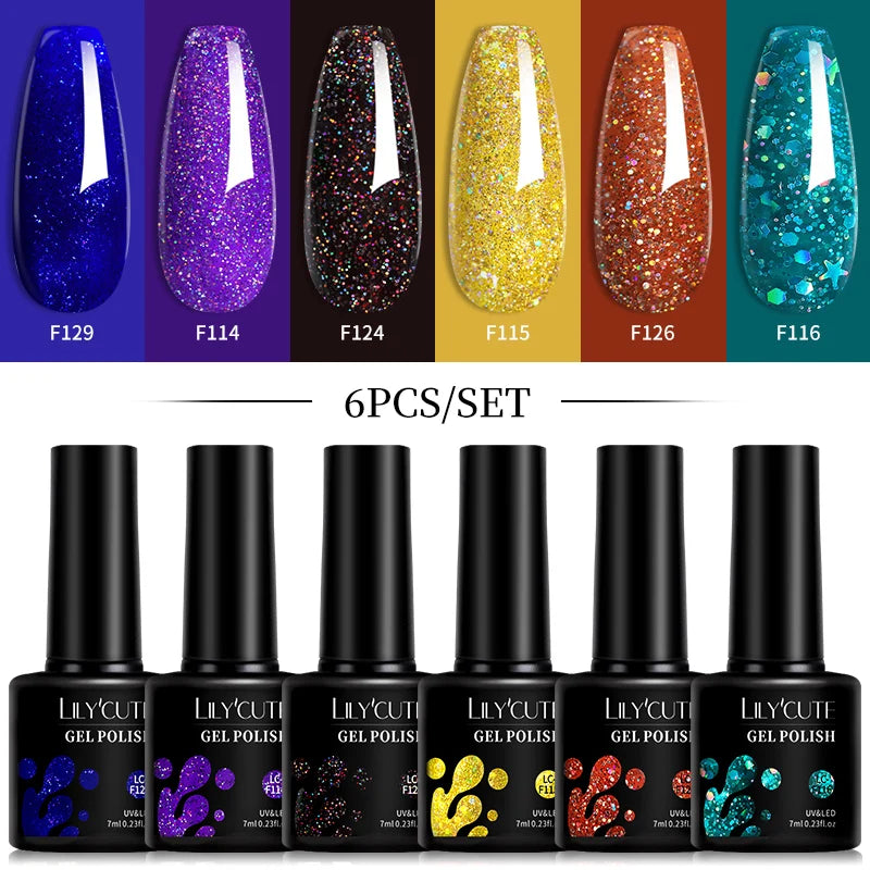 LILYCUTE 6Pcs 7ML Gel Nail Polish Set - Bright Pink UV LED Soak Off Varnish