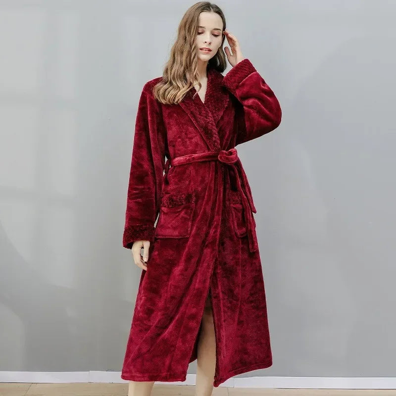 Warm Coral Velvet Bathrobe – Thick Autumn & Winter Couple Robe, Soft Pajamas for Men & Women, Cozy Shower Robe