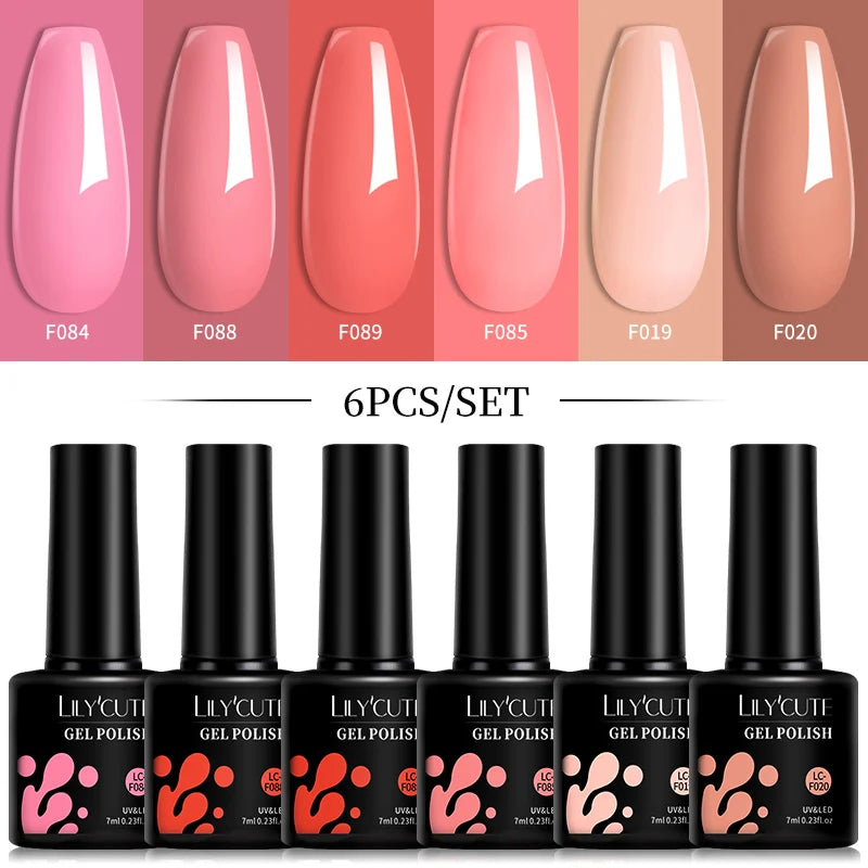 LILYCUTE 6Pcs 7ML Gel Nail Polish Set - Bright Pink UV LED Soak Off Varnish