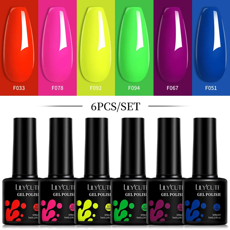 LILYCUTE 6Pcs 7ML Gel Nail Polish Set - Bright Pink UV LED Soak Off Varnish