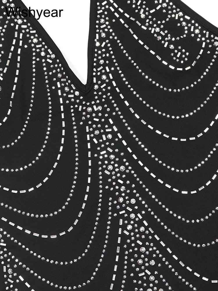 New Sexy Diamonds Halter Black Party Bodycon Midi Dress