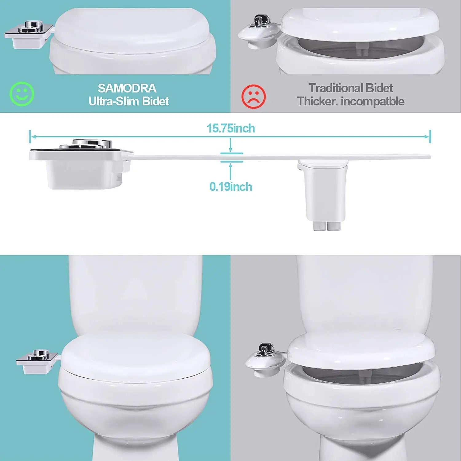 Ultra-Thin Bidet Toilet Seat Attachment – Non-Electric, Self-Cleaning Dual Nozzles for Frontal & Rear Wash