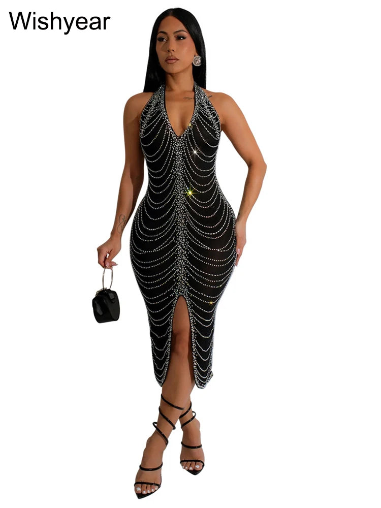 New Sexy Diamonds Halter Black Party Bodycon Midi Dress