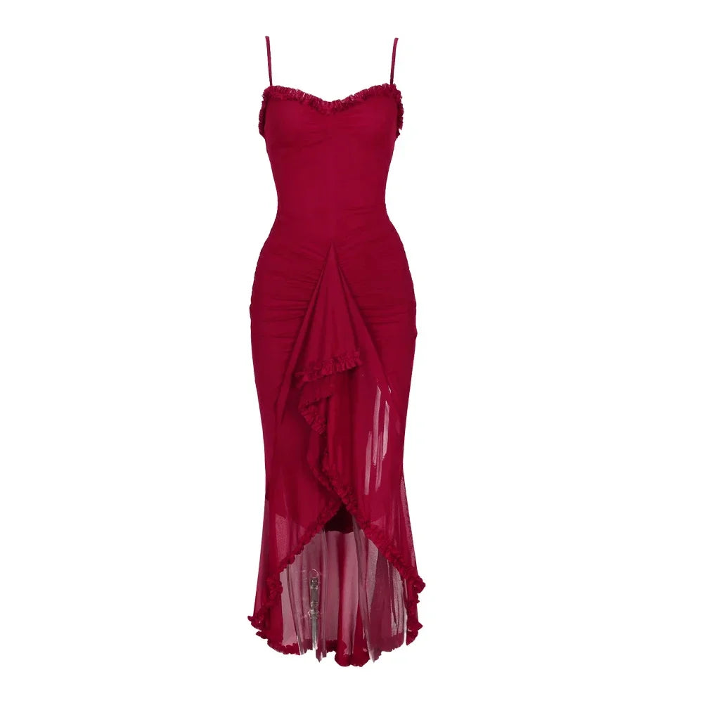 Irregular Mesh Spaghetti Strap Bodycon Ruched Long Party Dress for Womena