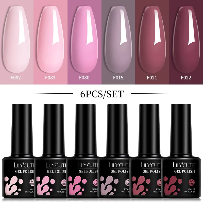 LILYCUTE 6Pcs 7ML Gel Nail Polish Set - Bright Pink UV LED Soak Off Varnish