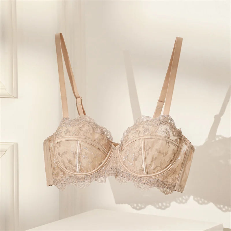 French Luxury Ultra-Thin Lace Bra for Women – Sexy, Comfortable, and Gathered Design