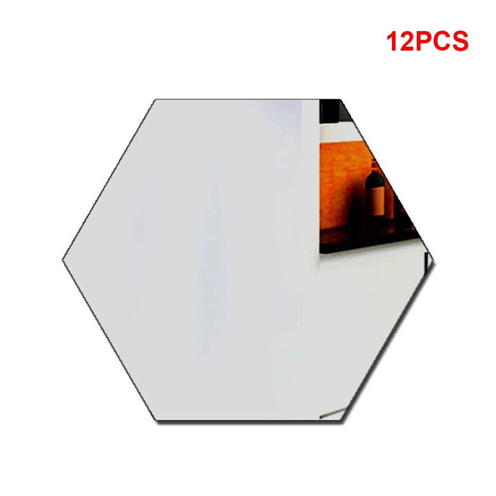 12pcs 3D Hexagon Acrylic Mirror Wall Stickers – DIY Home Décor